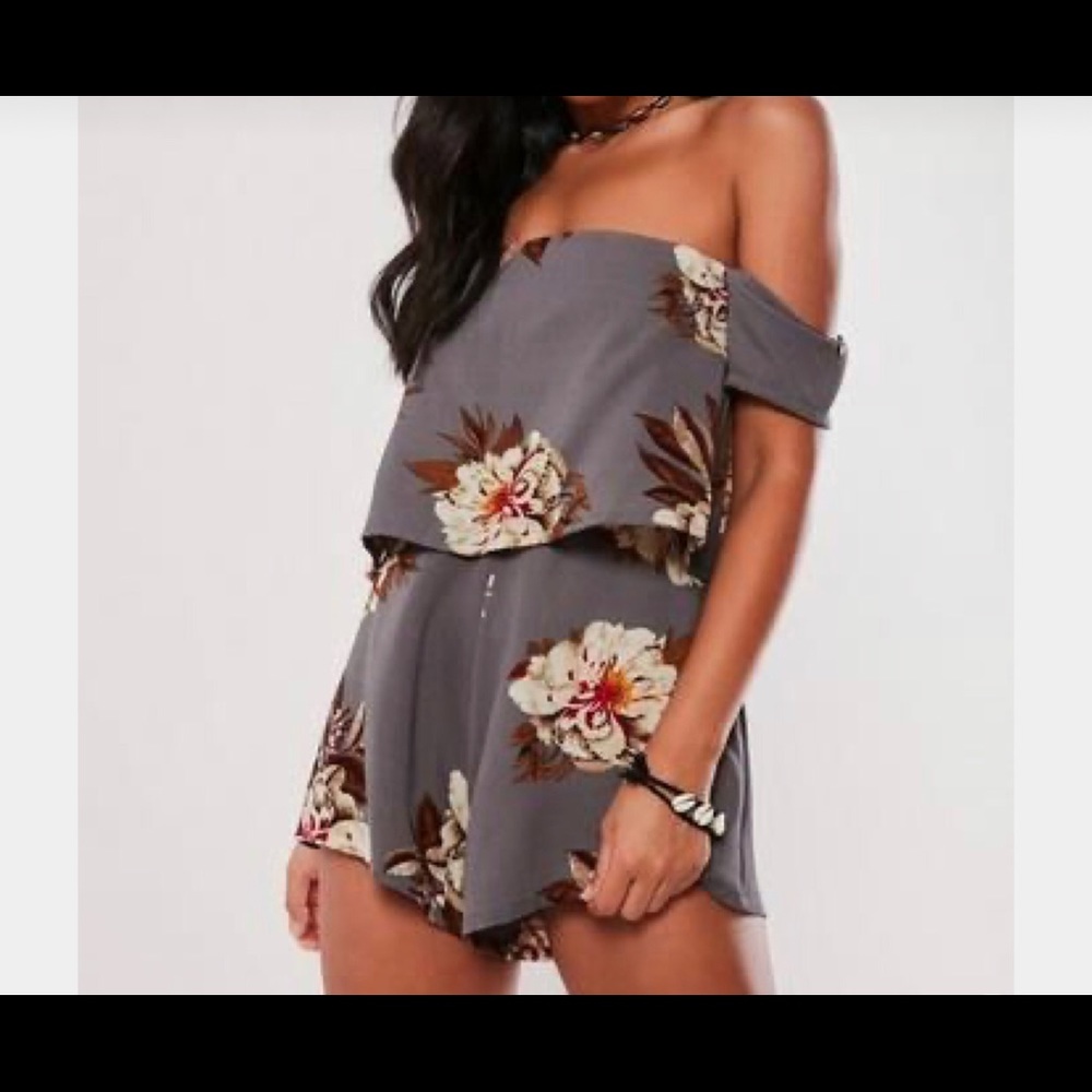 NWT Missguided Gray Floral Crepe Overlay Romper